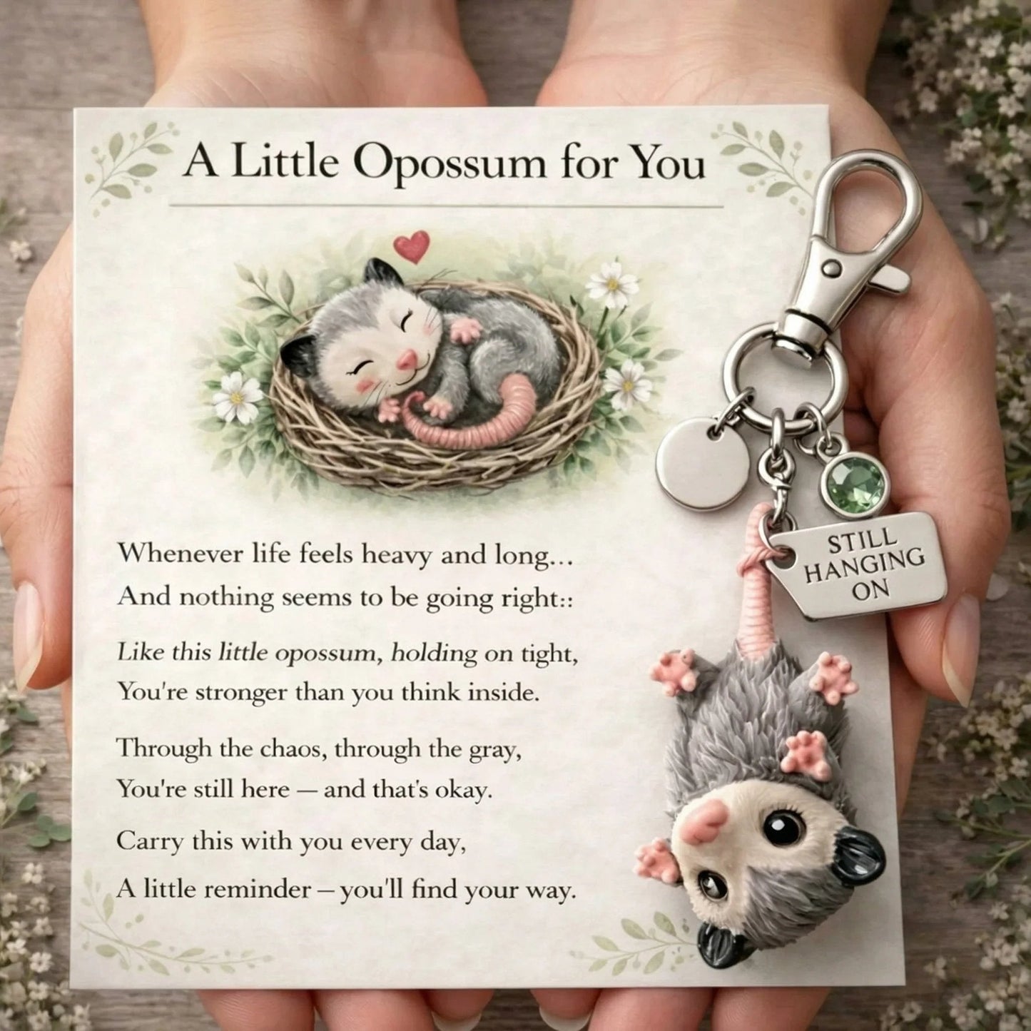 🐁A Little Opossum for You - "Still Hanging On" Keychain & Sentiment Card Set