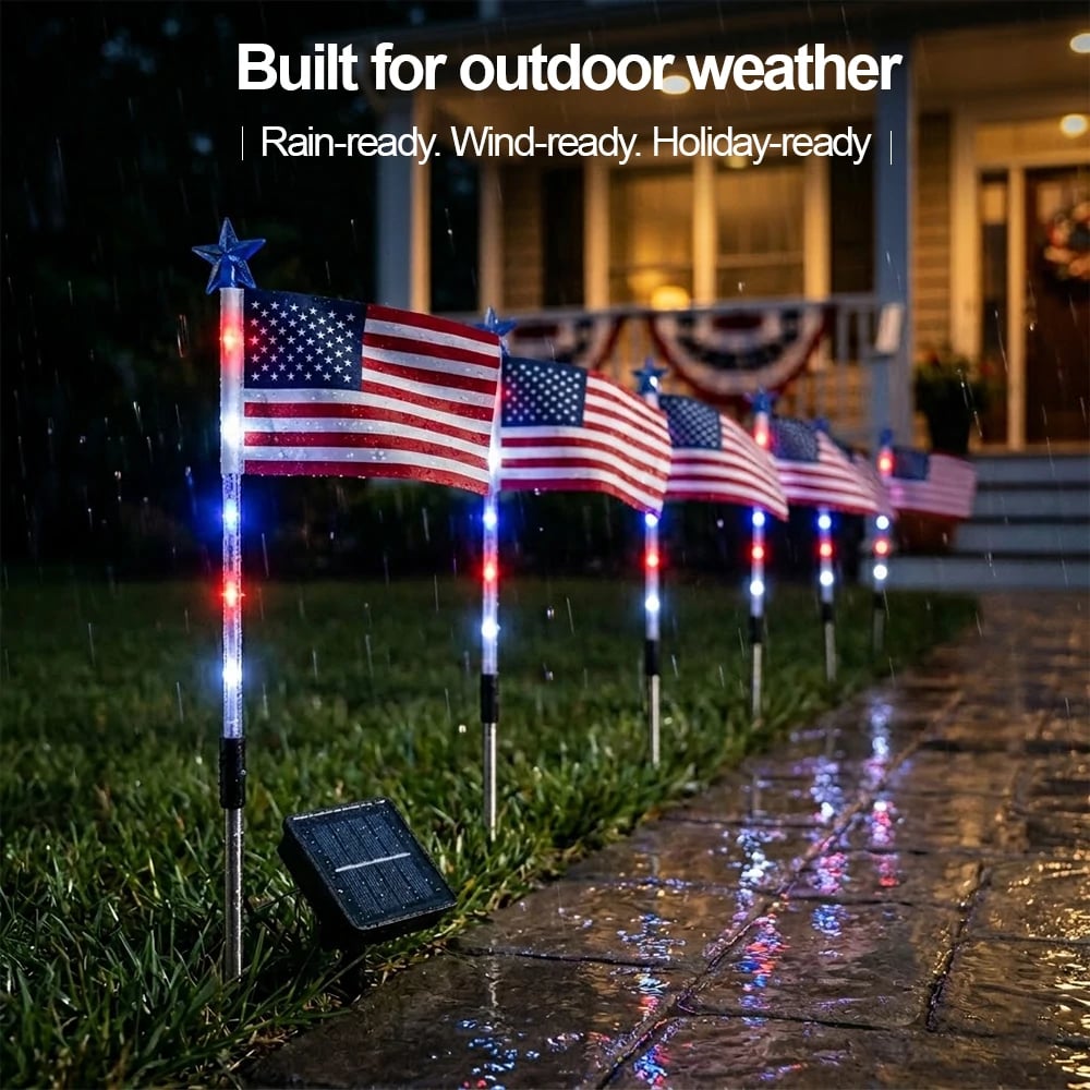8 Solar American Flag Pathway Lights – Red, White & Blue Yard Glow for 250th Independence Celebration 🇺🇸
