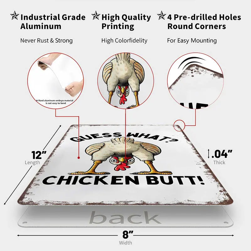 Guess What? Chicken Butt! Funny Retro Metal Sign - Farmhouse & Humor Wall Decor for Chicken Lovers