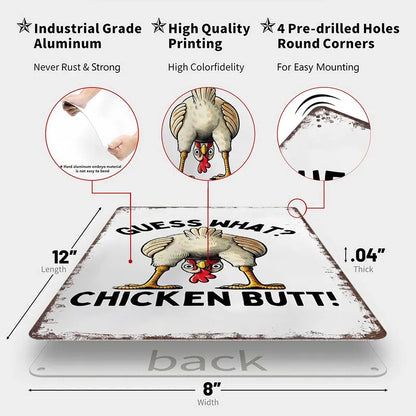 Guess What? Chicken Butt! Funny Retro Metal Sign - Farmhouse & Humor Wall Decor for Chicken Lovers