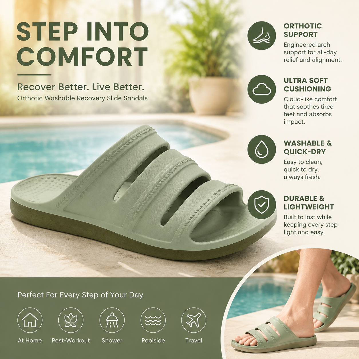 Orthotic Washable Recovery Slide Sandals