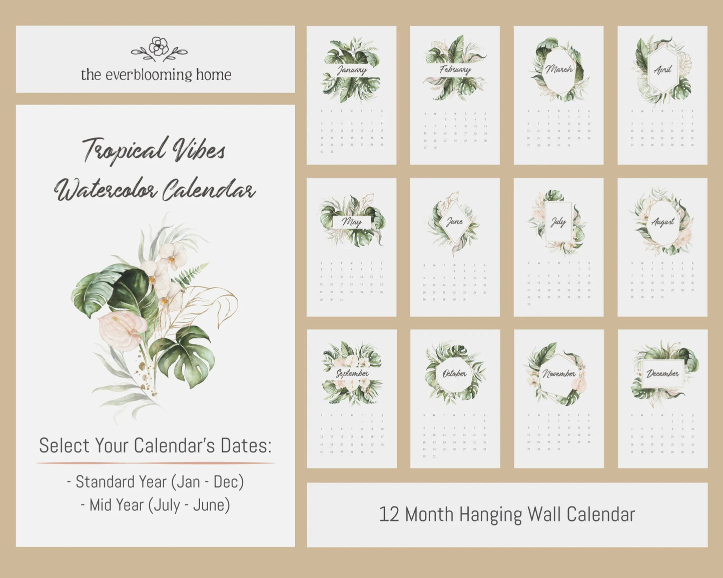 ❤Hot Sale 49% Off❤Beautiful Tropical  Leaf Yearly Calendar 2024, Wall Calendar, Annual Calendar