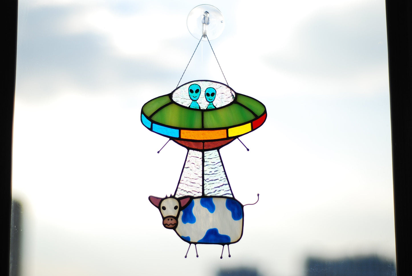 🛸UFO Abduction a Cow Stained Glass Suncatcher