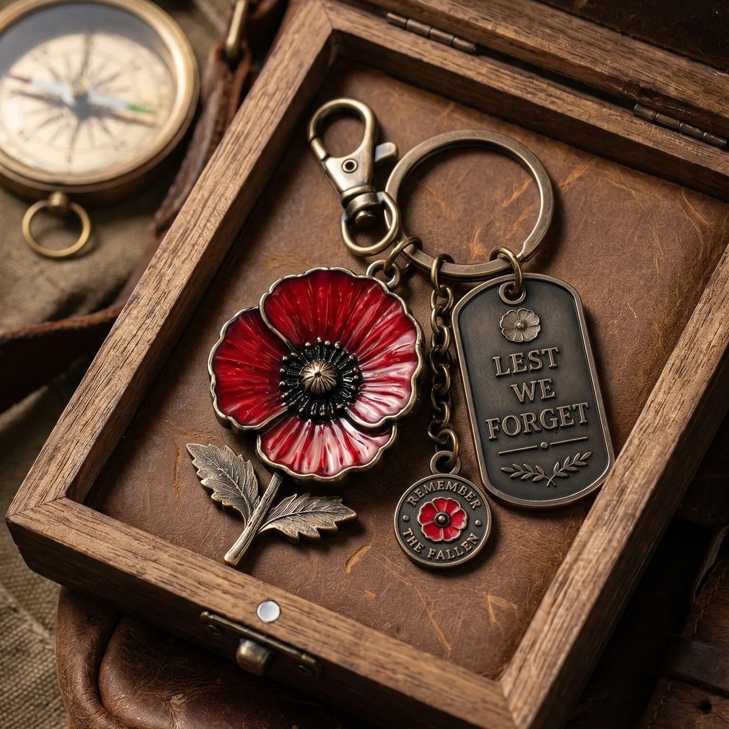 Poppy Remembrance Keychain - Vintage Bronze Tone - Honor & Rememberance