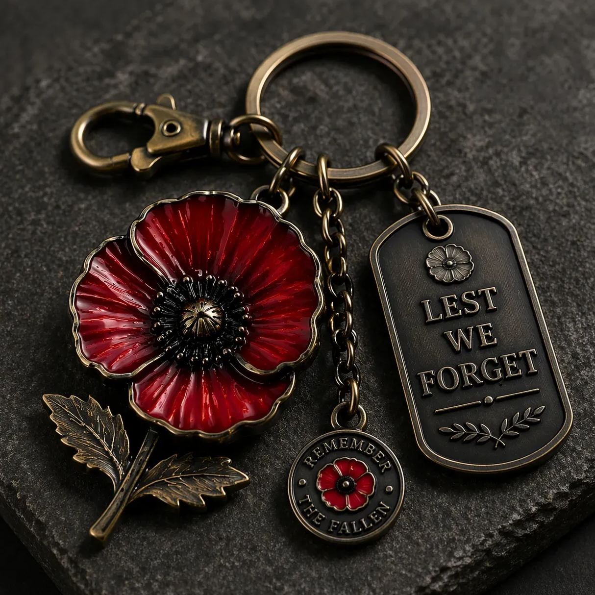 Poppy Remembrance Keychain - Vintage Bronze Tone - Honor & Rememberance