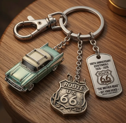 🚗Route 66 100th Anniversary Keychain- Vintage Classic Car Centennial Collectible Keepsake
