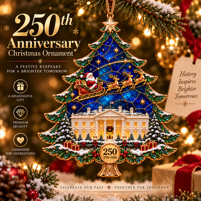 2026 250th Anniversary Stained Glass Christmas Tree Ornament – Santa Sleigh & White House Commemorative Holiday Keepsake, 1776–2026