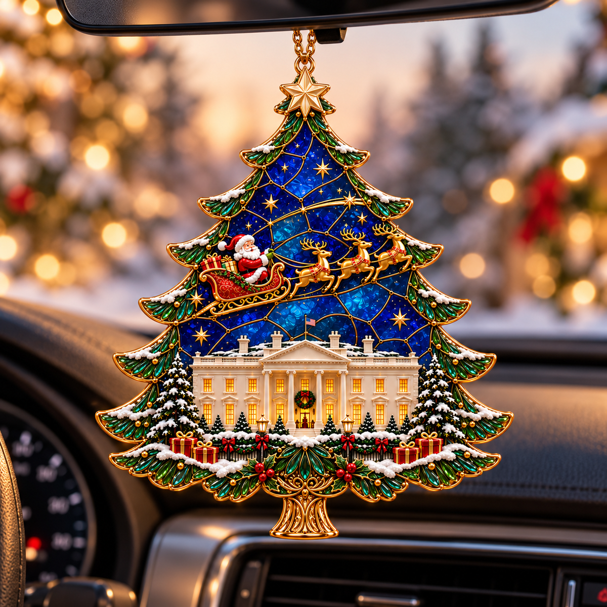 2026 250th Anniversary Stained Glass Christmas Tree Ornament – Santa Sleigh & White House Commemorative Holiday Keepsake, 1776–2026