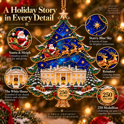 2026 250th Anniversary Stained Glass Christmas Tree Ornament – Santa Sleigh & White House Commemorative Holiday Keepsake, 1776–2026