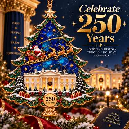 2026 250th Anniversary Stained Glass Christmas Tree Ornament – Santa Sleigh & White House Commemorative Holiday Keepsake, 1776–2026