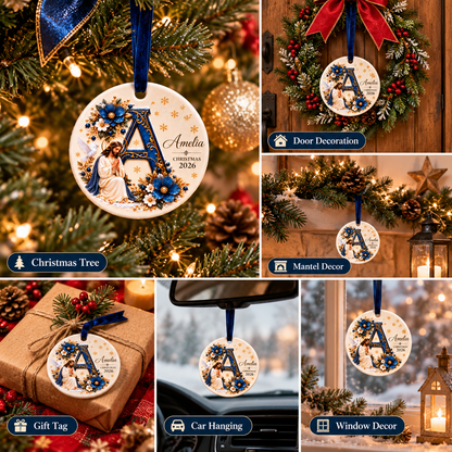 ✝️ Personalized Christian Initial Christmas Ornament – Custom Name Ceramic Keepsake 💙