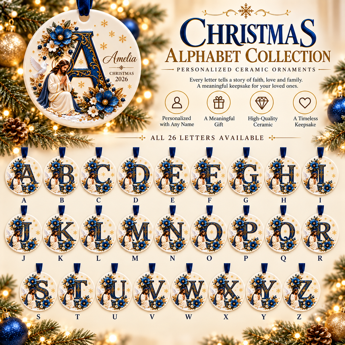 ✝️ Personalized Christian Initial Christmas Ornament – Custom Name Ceramic Keepsake 💙