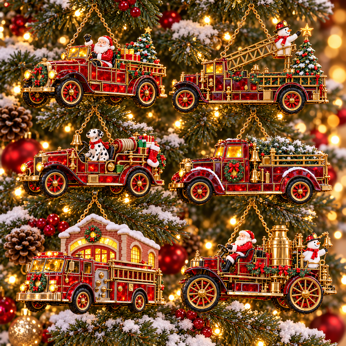 2026 Vintage Fire Truck Christmas Ornaments – Set of 6 | Stained-Glass Style with Festive Holiday Scenes & Golden Accents
