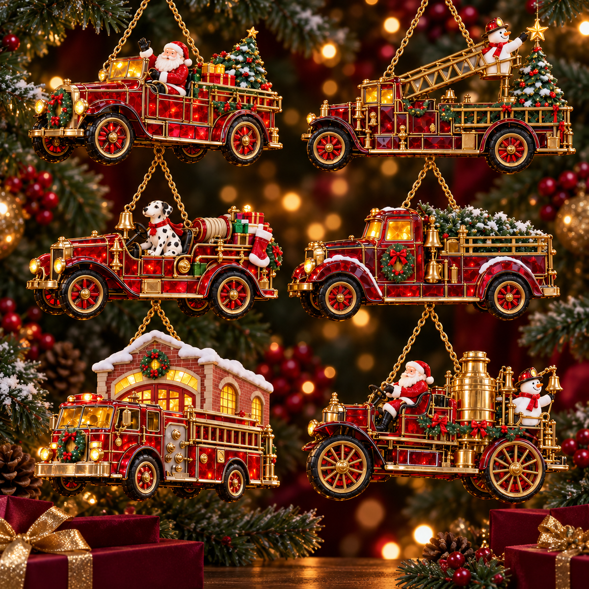 2026 Vintage Fire Truck Christmas Ornaments – Set of 6 | Stained-Glass Style with Festive Holiday Scenes & Golden Accents
