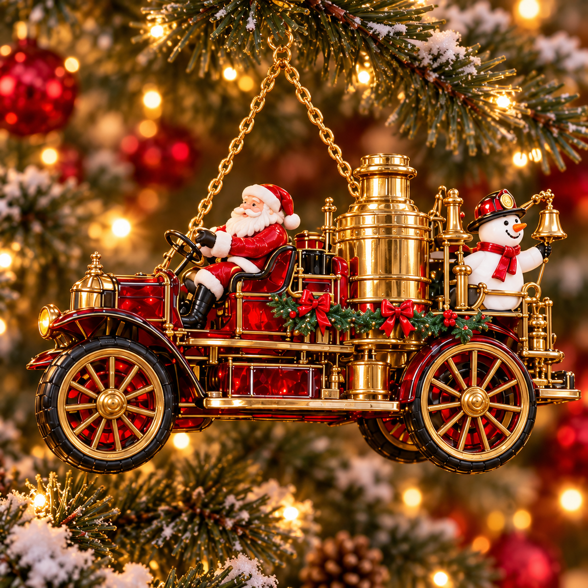2026 Vintage Fire Truck Christmas Ornaments – Set of 6 | Stained-Glass Style with Festive Holiday Scenes & Golden Accents