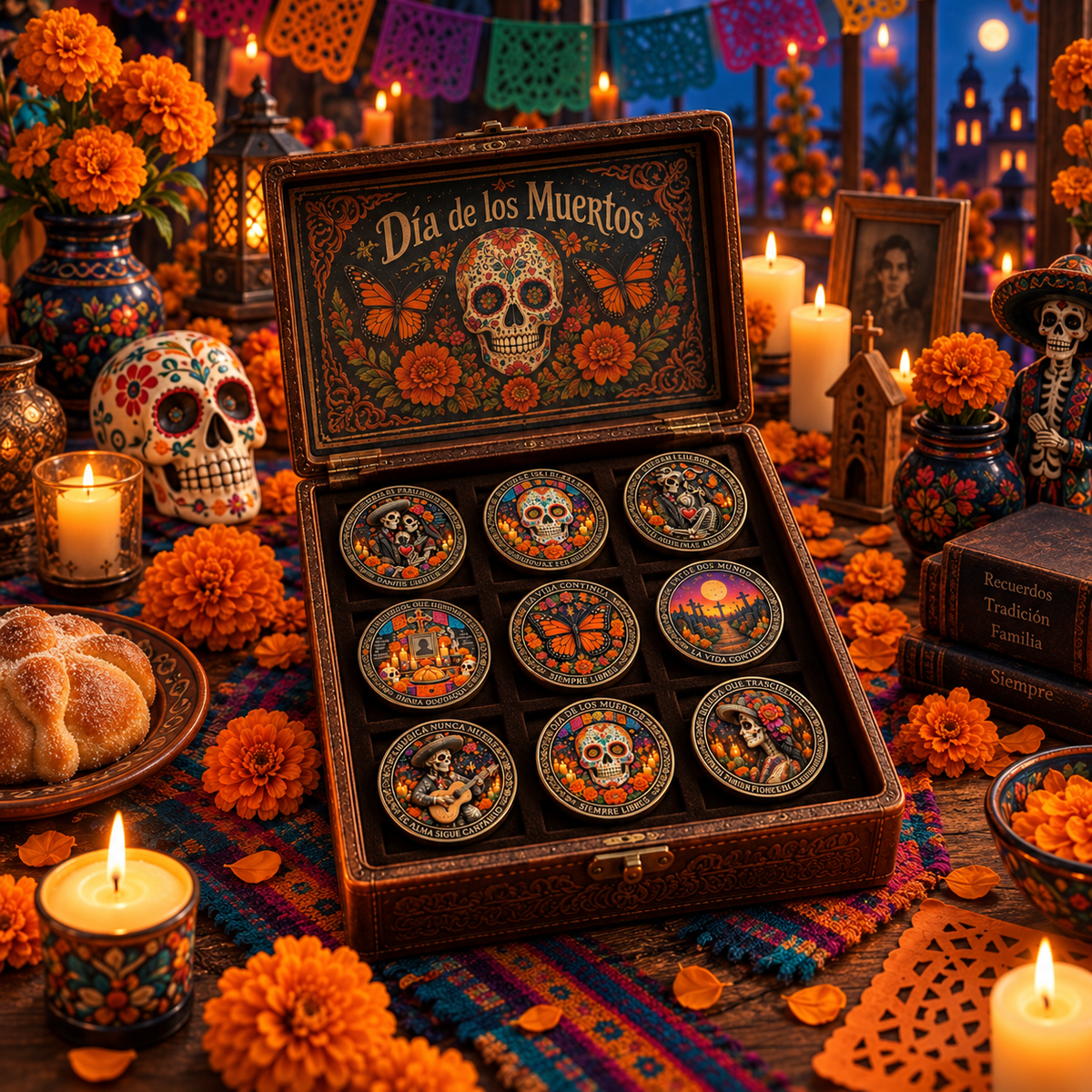 Complete nine-piece Día de los Muertos commemorative coin collection in display case