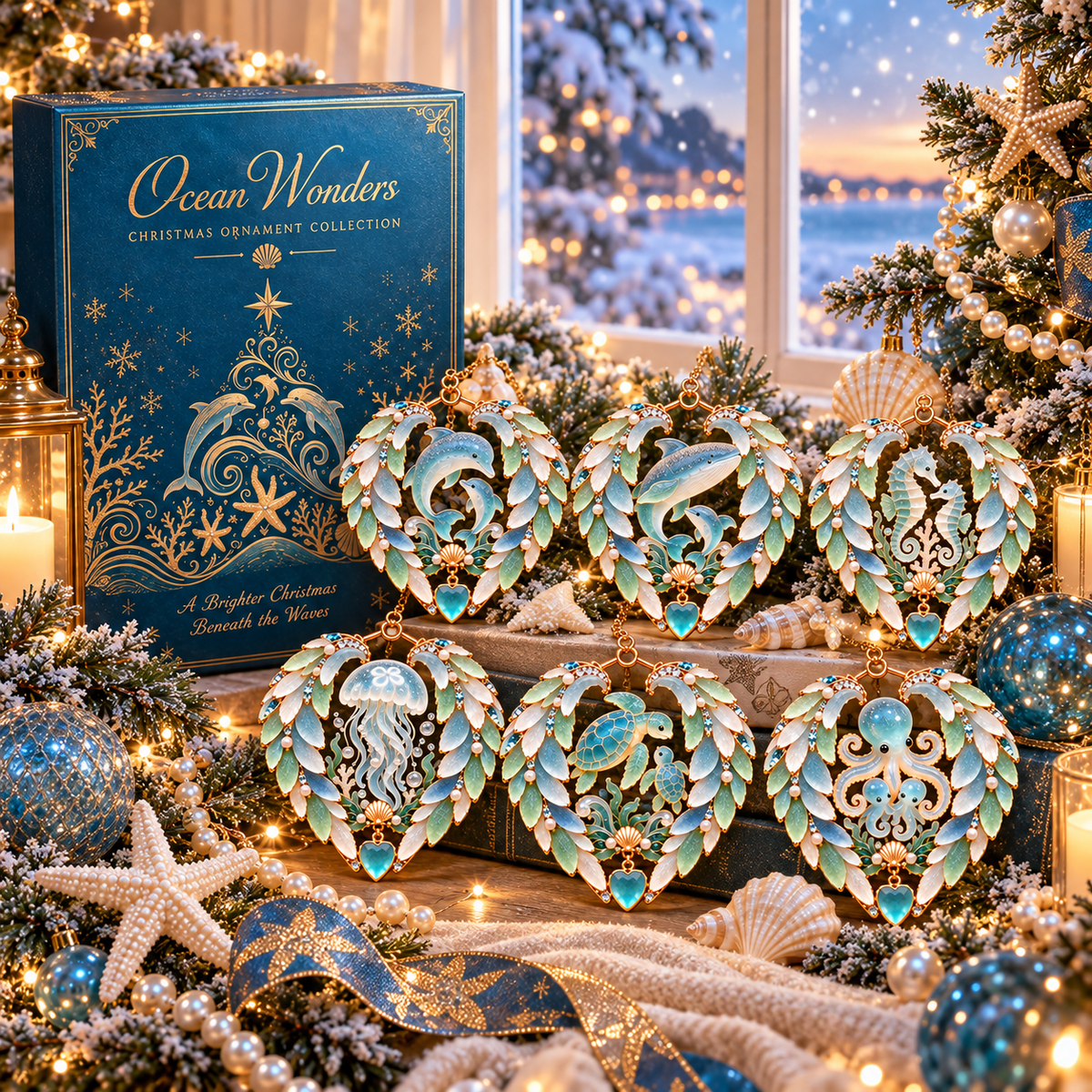 2026 Ocean Wonders Christmas Ornaments – 6-Piece Coastal Sea Life Heart Ornament Collection | Unique Christmas Tree Decorations & Gifts for Ocean Lovers