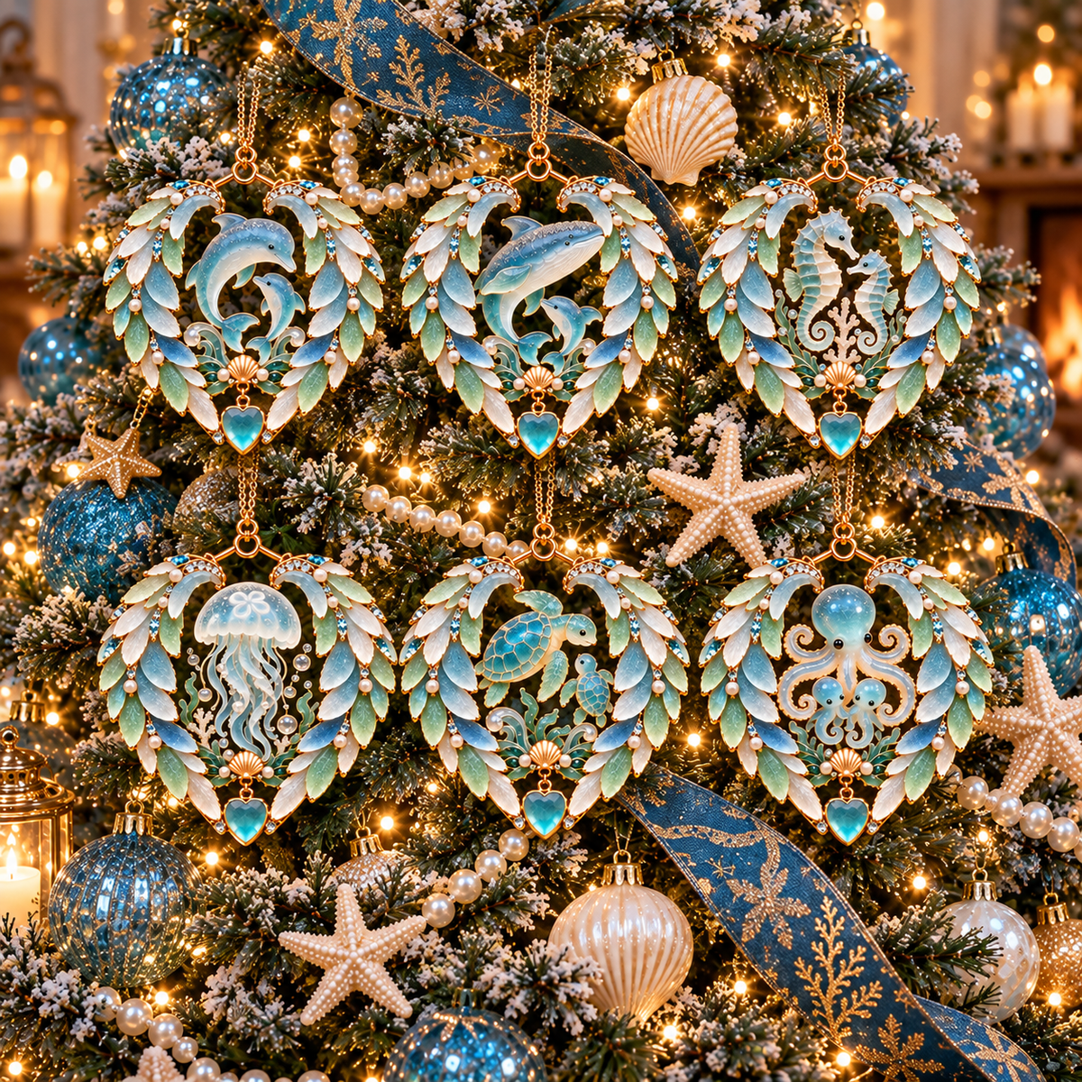 2026 Ocean Wonders Christmas Ornaments – 6-Piece Coastal Sea Life Heart Ornament Collection | Unique Christmas Tree Decorations & Gifts for Ocean Lovers