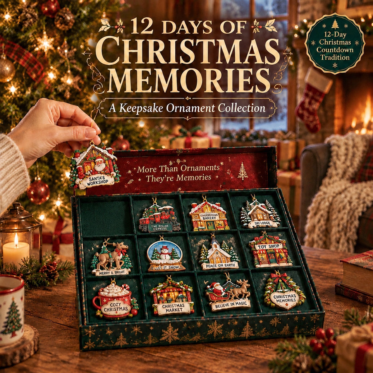12 Days of Christmas Memories Keepsake Ornament Set – 12 Unique Wooden Christmas Tree Ornaments in Gift Box