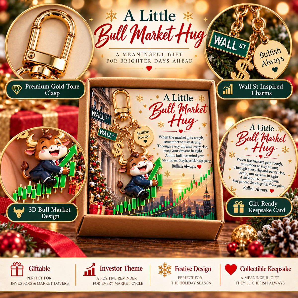 🐂📈 A Little Bull Market Hug – Inspirational Bull Keychain Gift Set for Stock Traders & Investors 🎁