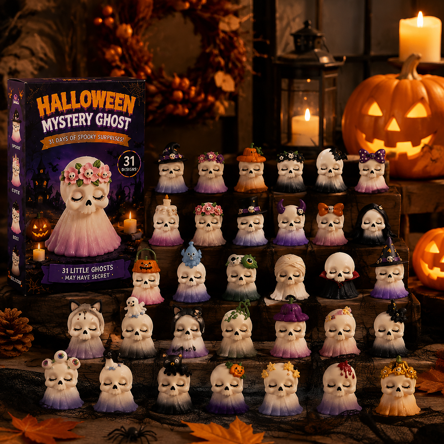 💀 31-Day Halloween Mystery Ghost Advent Calendar | Collectible Skull Figurine Set
