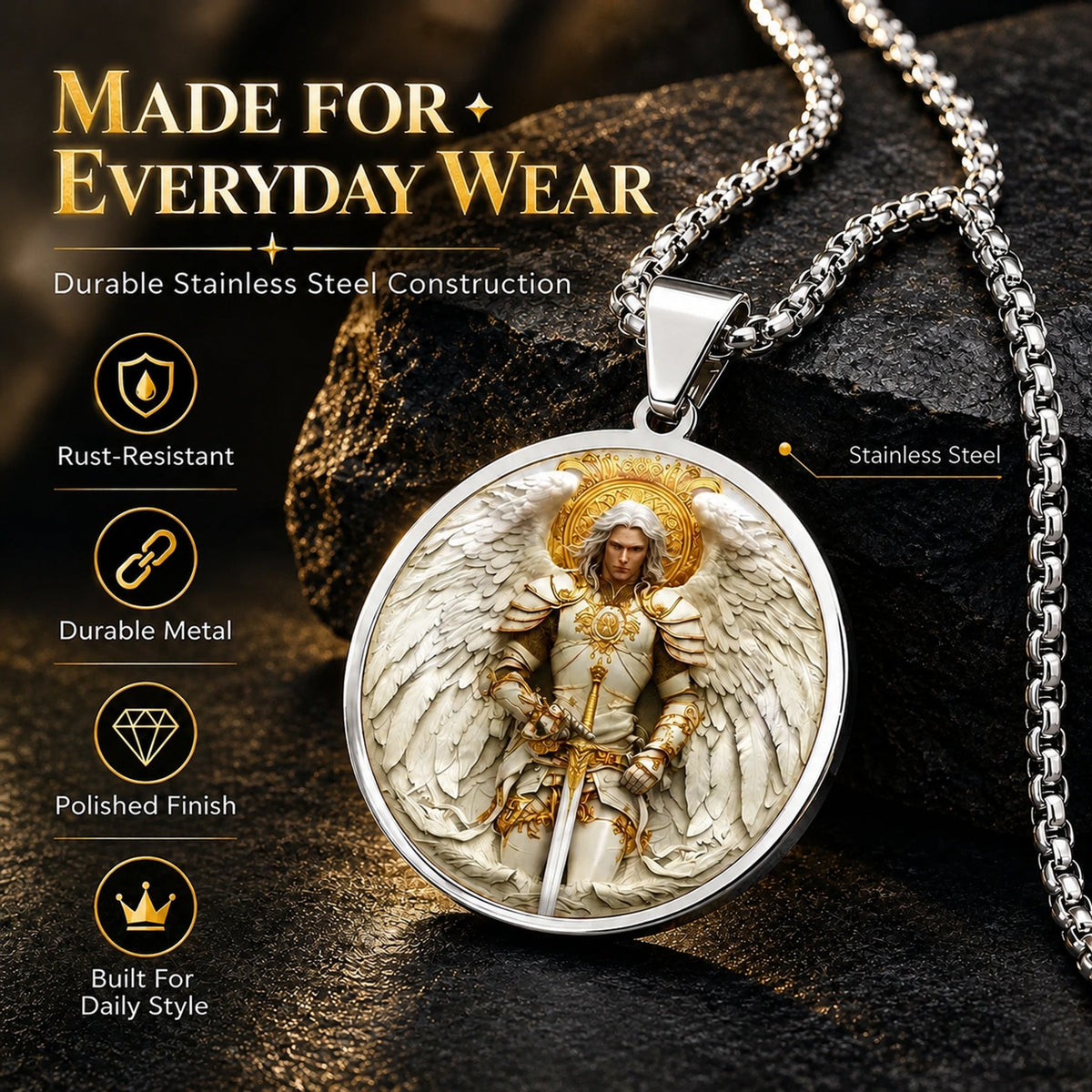 Angel Warrior Pendant Necklace for Men — Faith, Strength & Protection