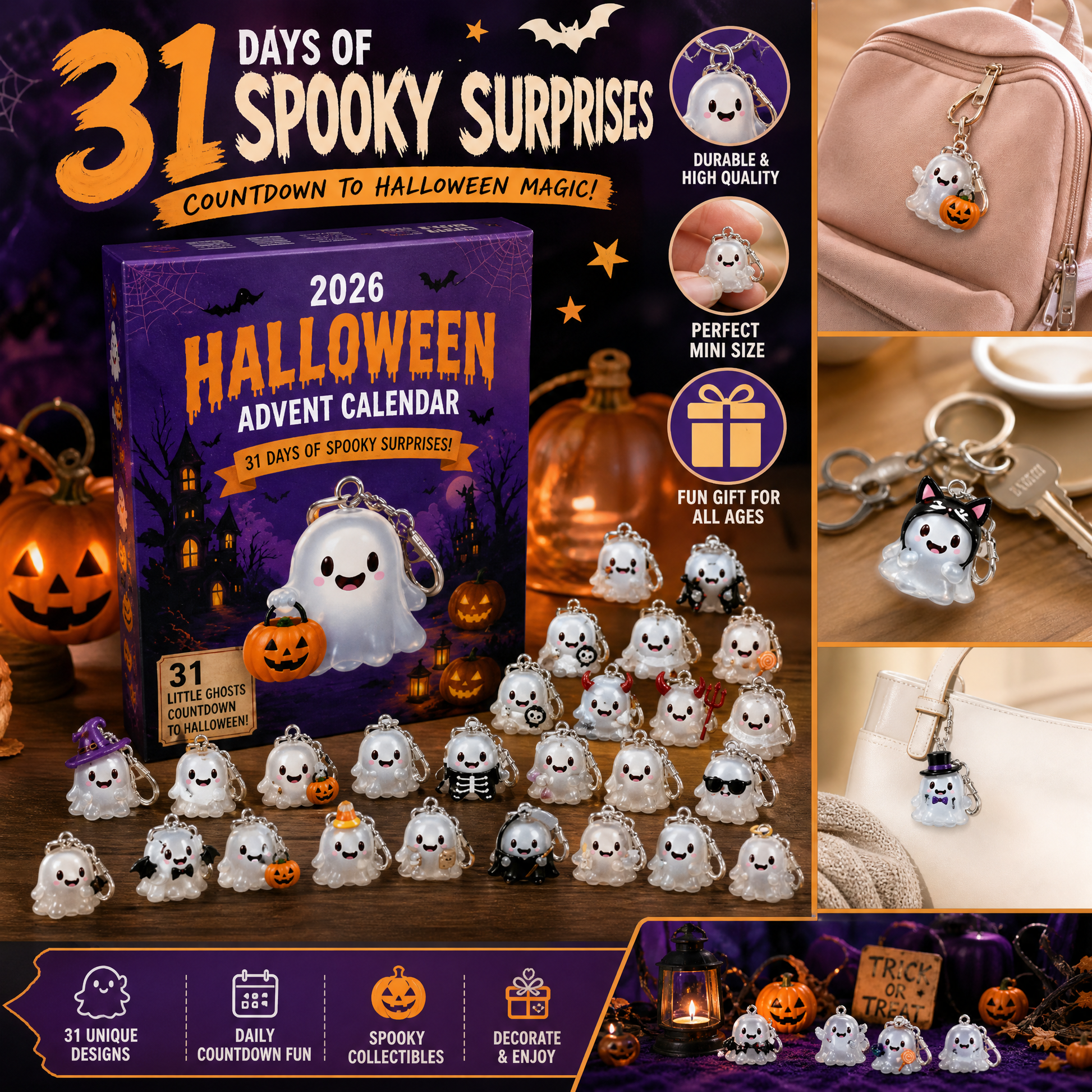 👻31‑Day Halloween Ghost Keychain Advent Calendar | 31 Collectible Ghost Charm Set