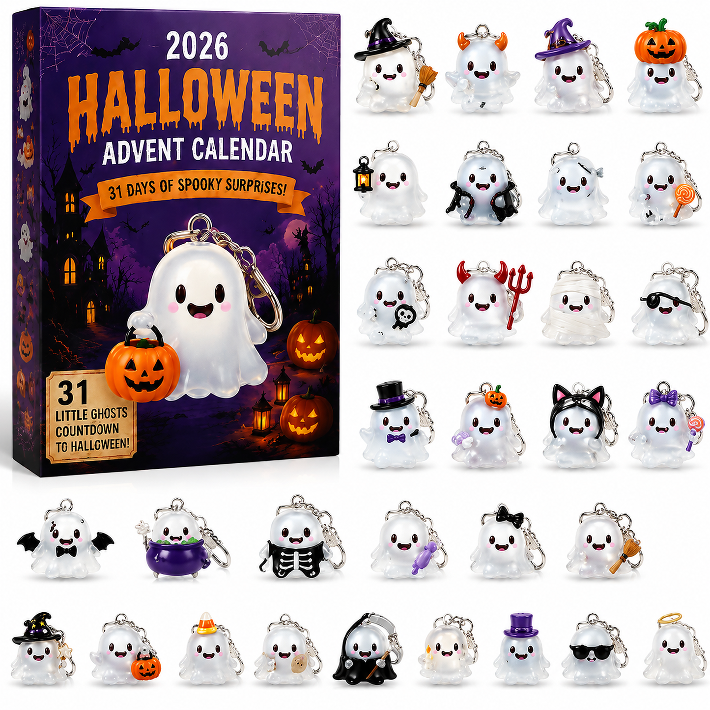 👻31‑Day Halloween Ghost Keychain Advent Calendar | 31 Collectible Ghost Charm Set