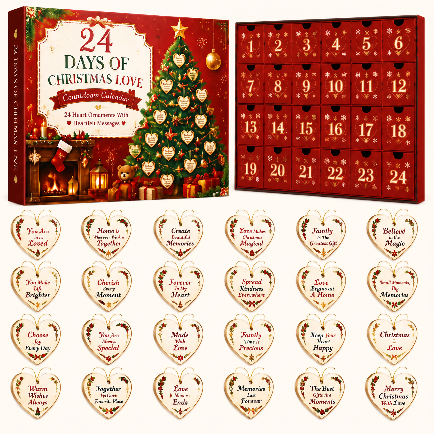 🎄24 Days of Christmas Love Countdown Calendar – Heartfelt Message Ornaments Gift
