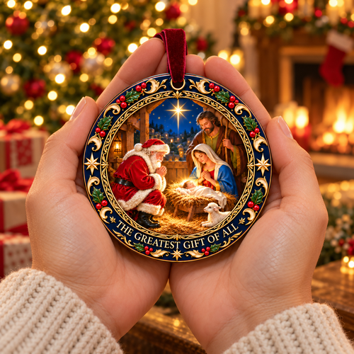 🎄❤️ The Greatest Gift of All – Santa & Baby Jesus Christmas Ornament ✝️