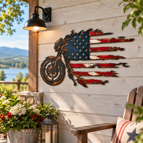 🏍️🇺🇸 American Flag Motorcycle Metal Wall Art – A Bold Tribute to Freedom & the Open Road