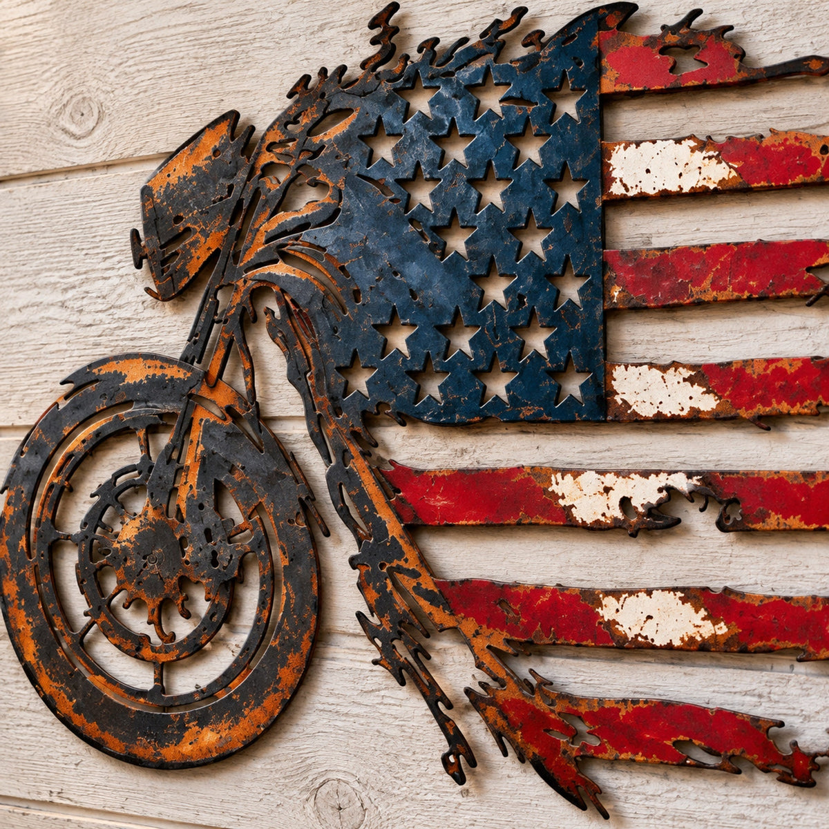 🏍️🇺🇸 American Flag Motorcycle Metal Wall Art – A Bold Tribute to Freedom & the Open Road