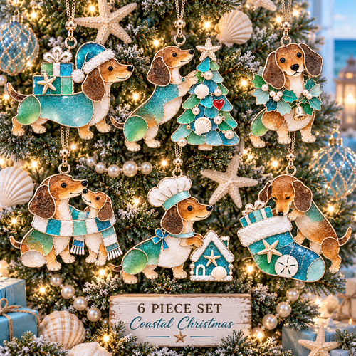 Coastal Christmas Dachshund Ornament Set – 6-Piece Stained Glass-Inspired Sea Glass Dog Christmas Tree Decorations, Gift for Dachshund Lovers