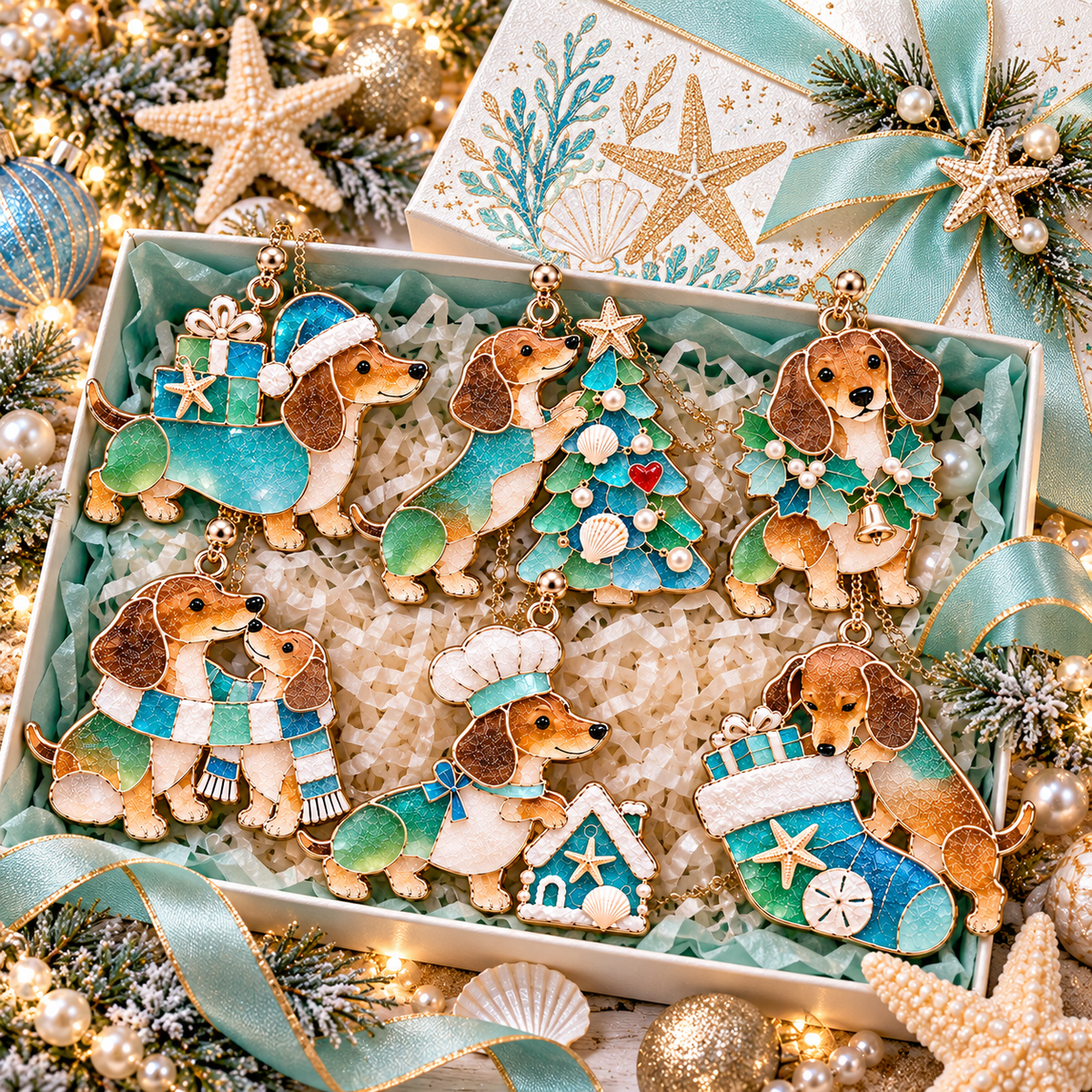 Coastal Christmas Dachshund Ornament Set – 6-Piece Stained Glass-Inspired Sea Glass Dog Christmas Tree Decorations, Gift for Dachshund Lovers