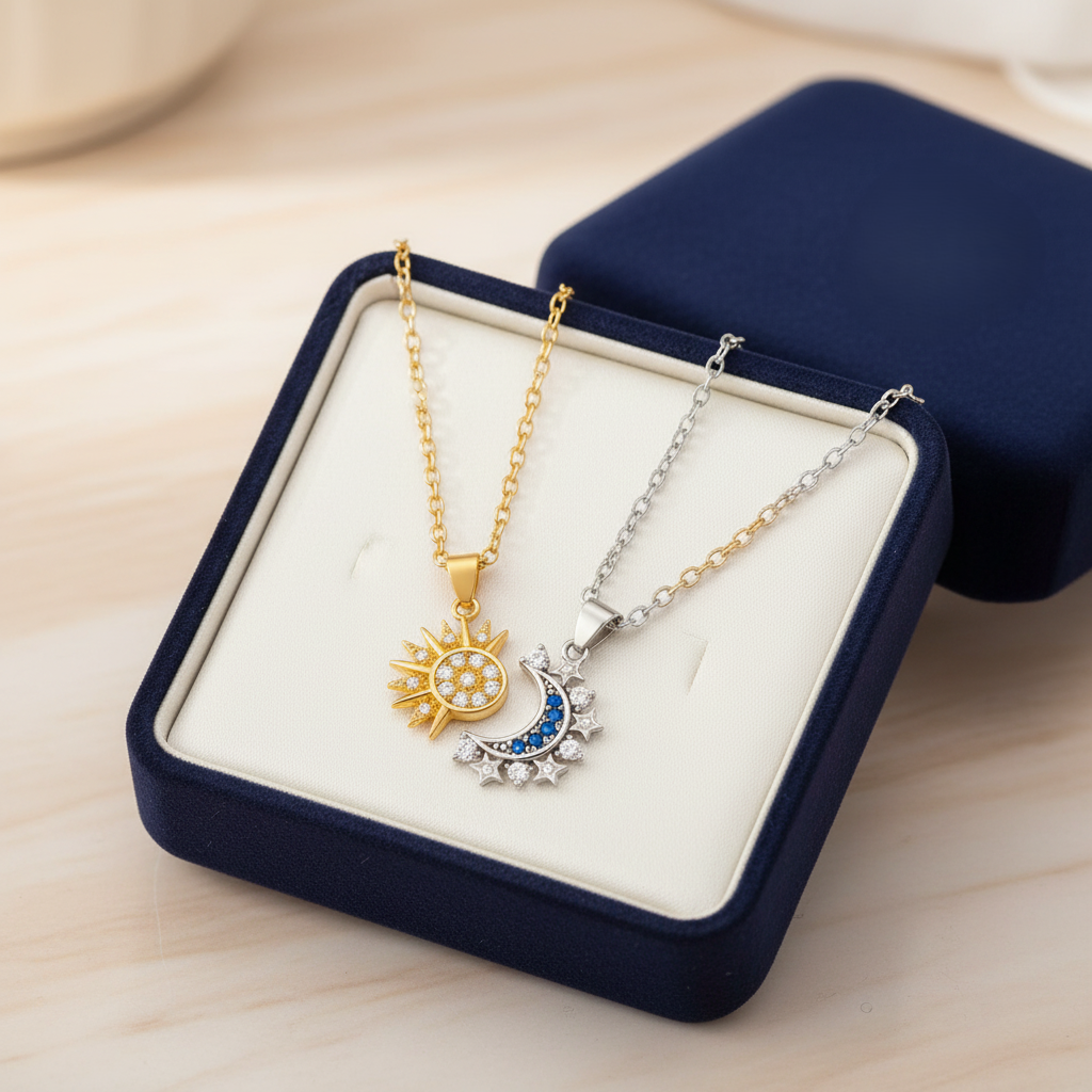 Sun & Moon Matching Couple Necklaces – Interlocking BFF/Partner Pendant Set