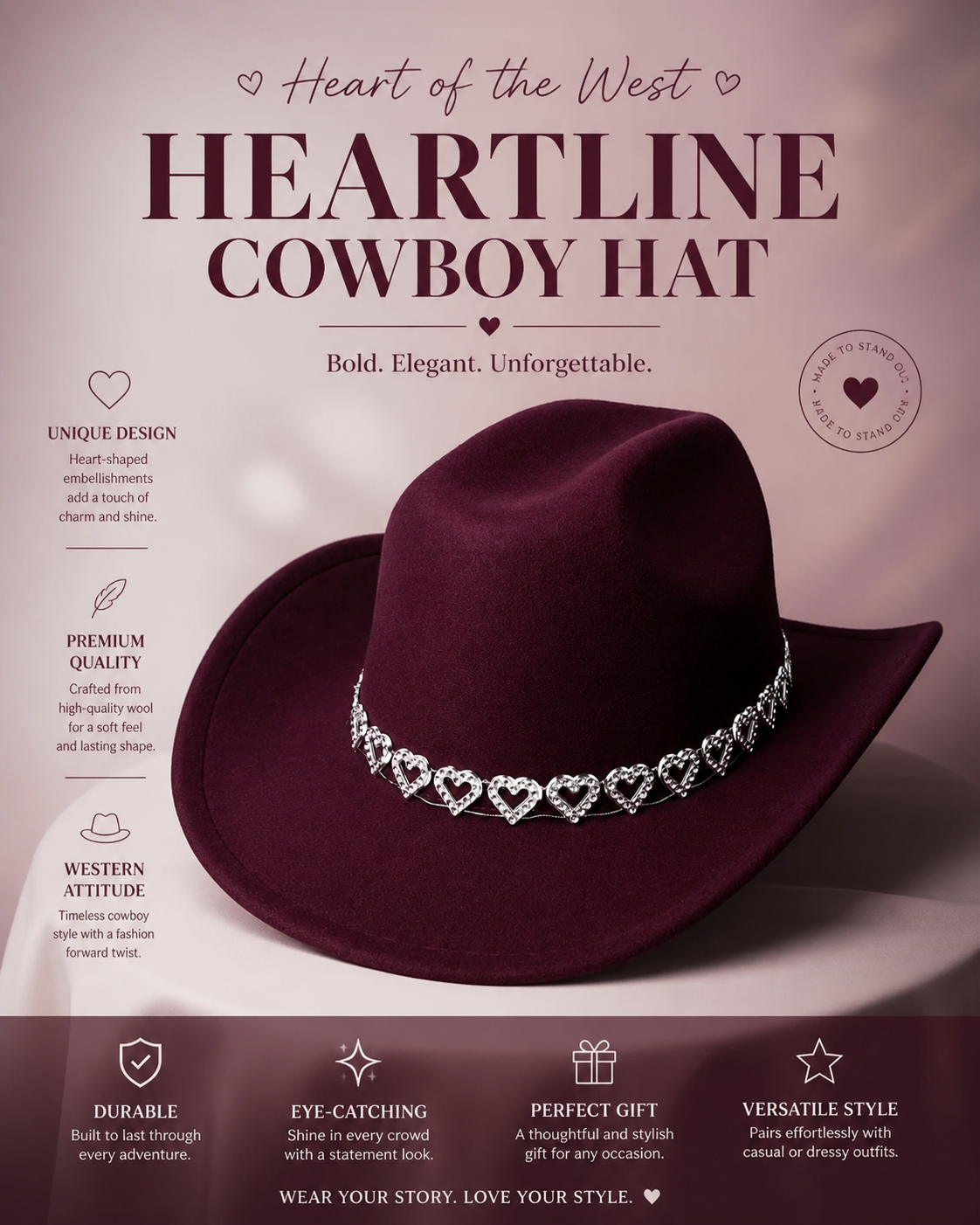 Women's Classic Wide Brim Western Cowboy Hat with Heart Chain