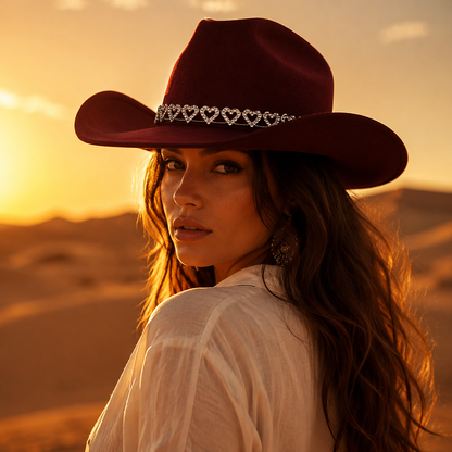 Women's Classic Wide Brim Western Cowboy Hat with Heart Chain
