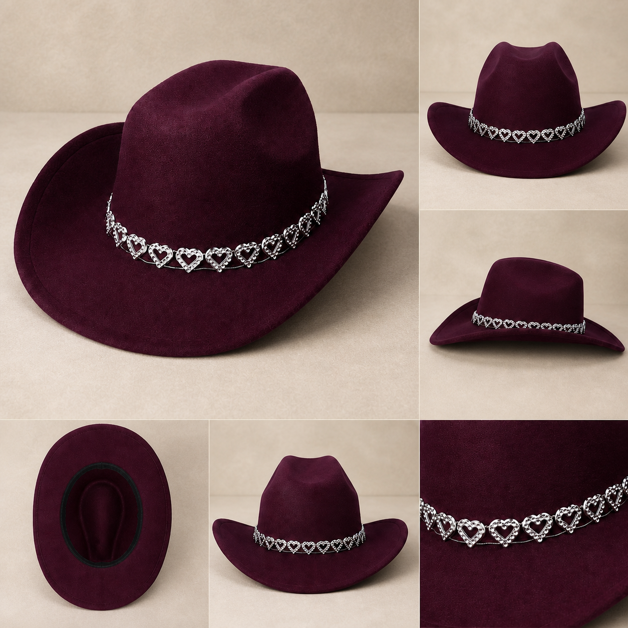 Women's Classic Wide Brim Western Cowboy Hat with Heart Chain