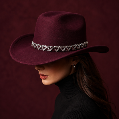Women's Classic Wide Brim Western Cowboy Hat with Heart Chain