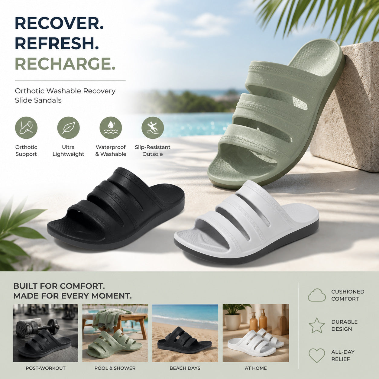 Orthotic Washable Recovery Slide Sandals