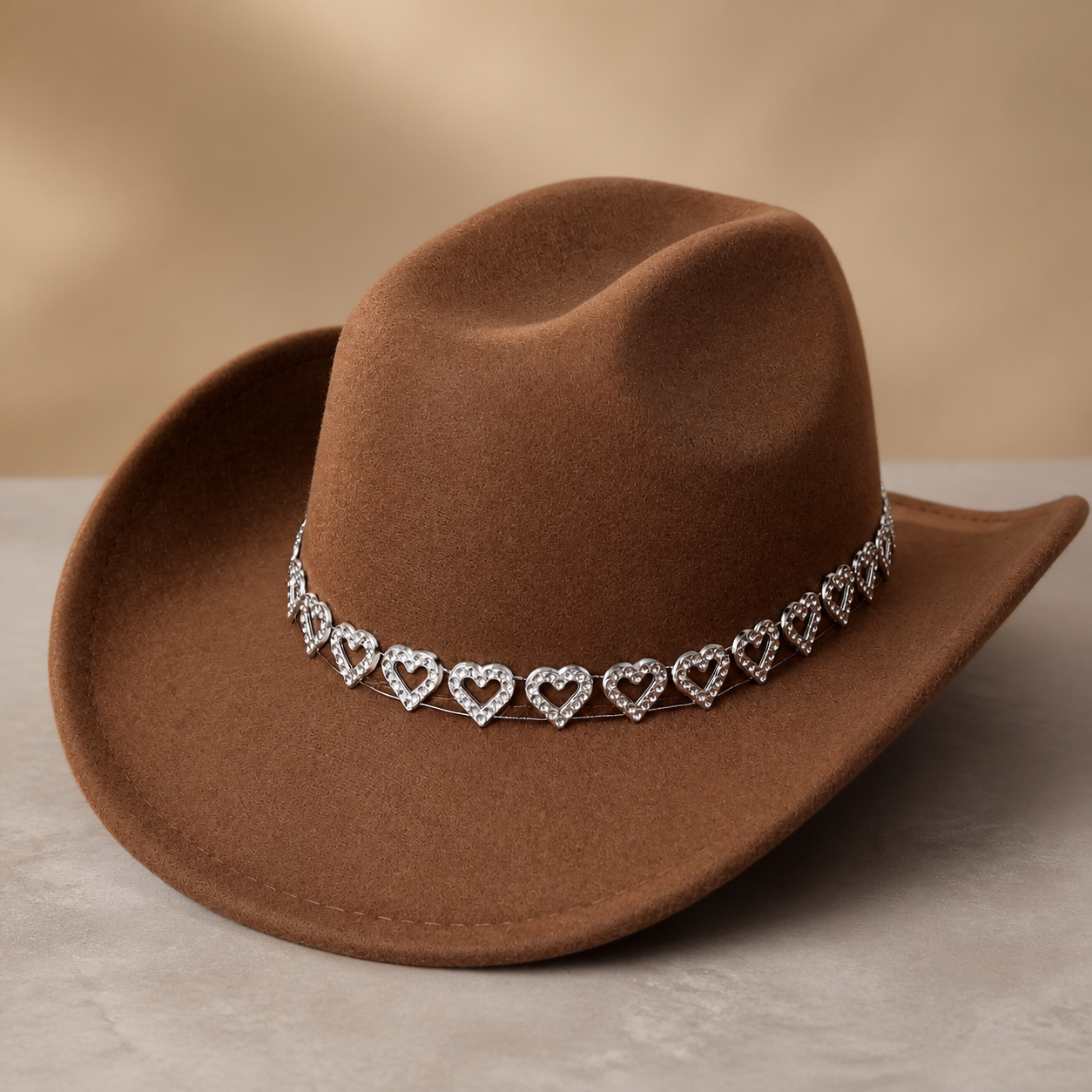 Women's Classic Wide Brim Western Cowboy Hat with Heart Chain