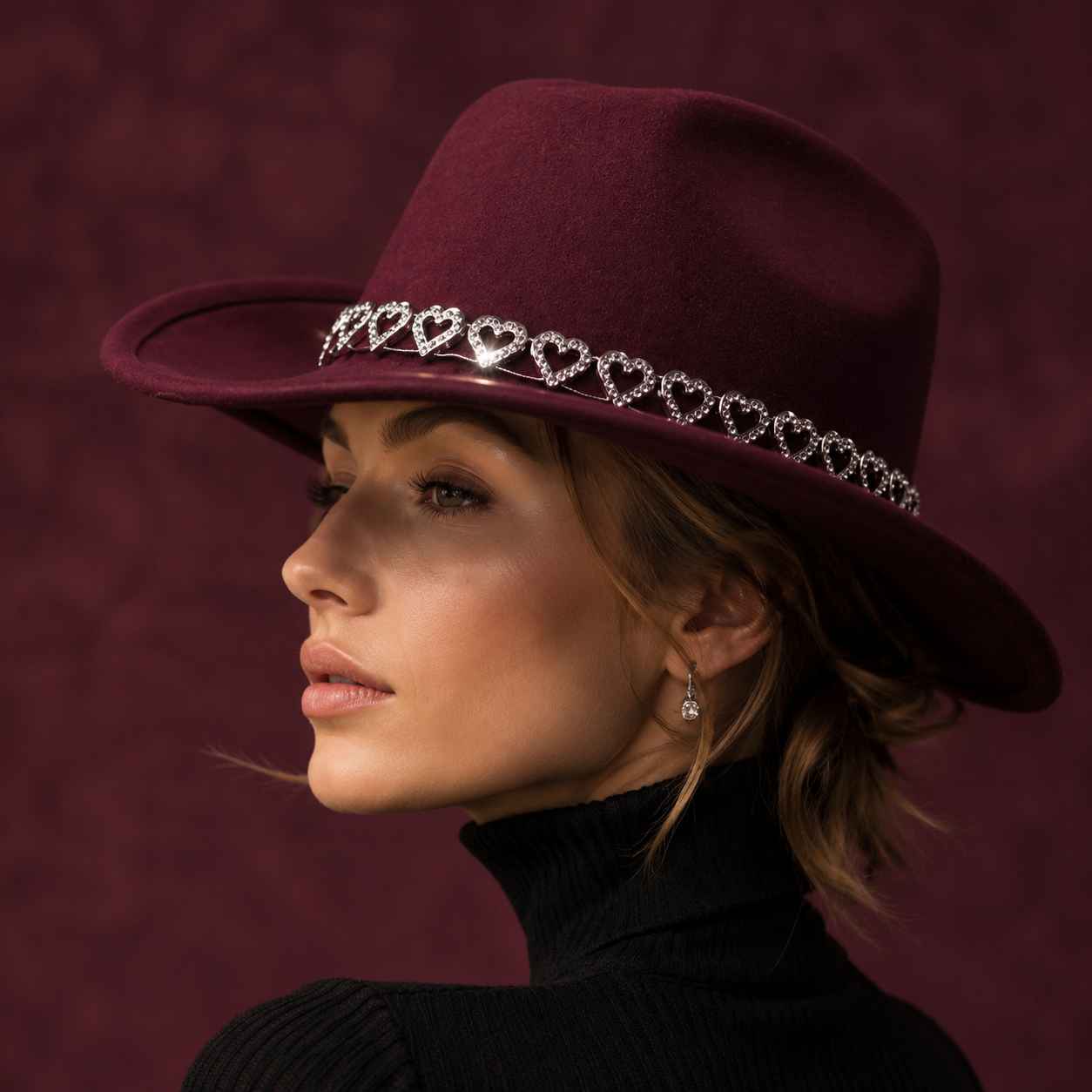Women's Classic Wide Brim Western Cowboy Hat with Heart Chain