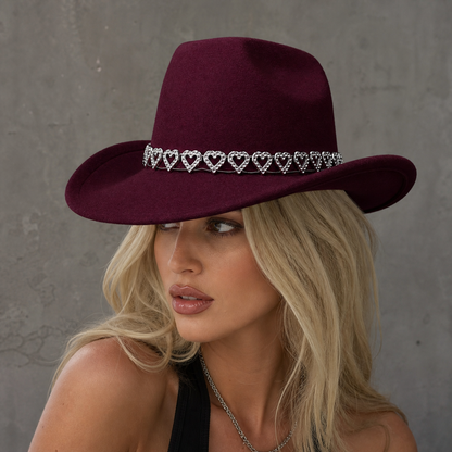 Women's Classic Wide Brim Western Cowboy Hat with Heart Chain
