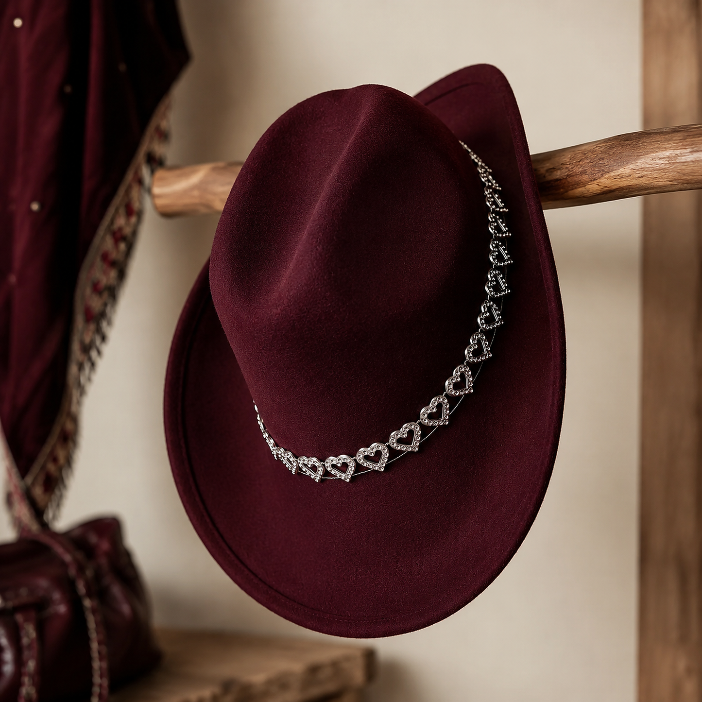 Women's Classic Wide Brim Western Cowboy Hat with Heart Chain