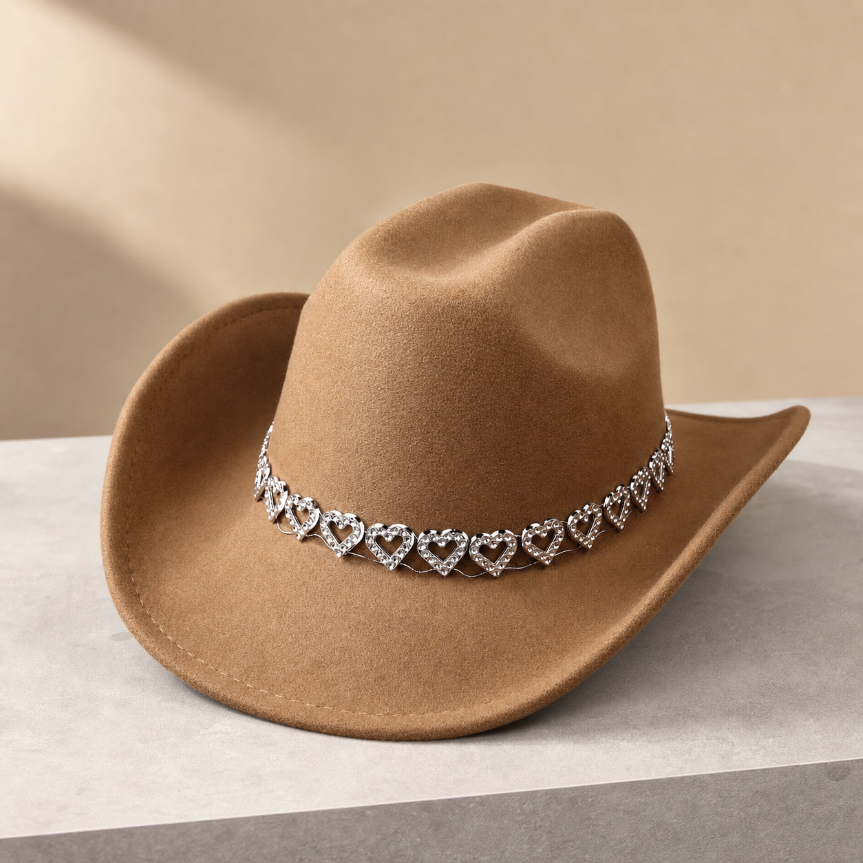 Women's Classic Wide Brim Western Cowboy Hat with Heart Chain