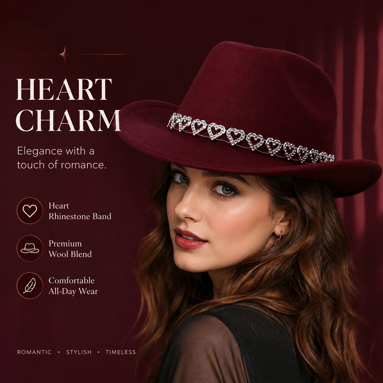 Women's Classic Wide Brim Western Cowboy Hat with Heart Chain