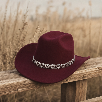 Women's Classic Wide Brim Western Cowboy Hat with Heart Chain