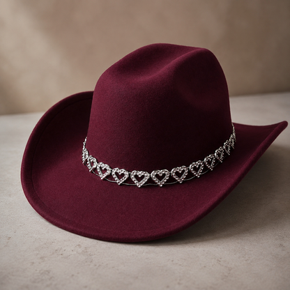 Women's Classic Wide Brim Western Cowboy Hat with Heart Chain