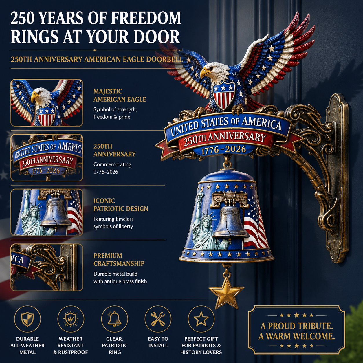 🦅 USA 250th Anniversary Patriotic Eagle Wall Bell – A Grand Celebration of 250 Years of Freedom (1776-2026)